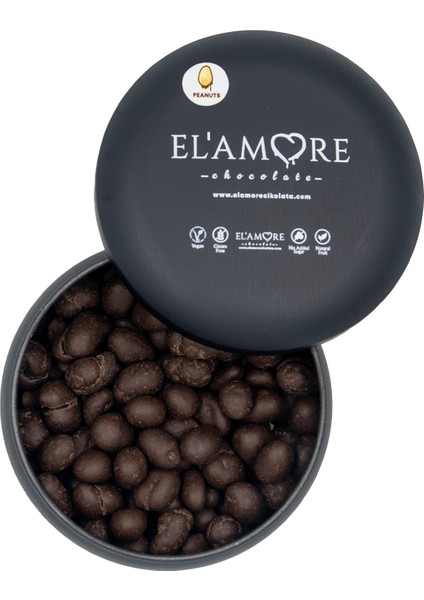 Şeker İlavesiz, Glütensiz, Vegan Yer Fıstıklı Bitter Çikolata - Siyah Yuvarlak Metal Kutu, 150 gr