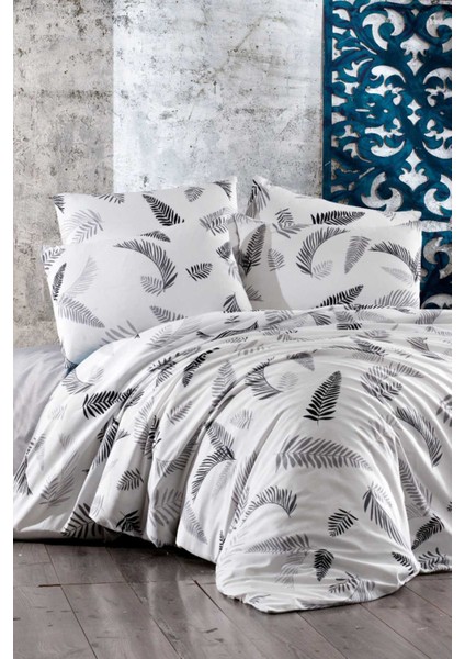 Çift Kişilik Lastikli Çarşaflı Pamuklu Nevresim Takımı Gray Leaf