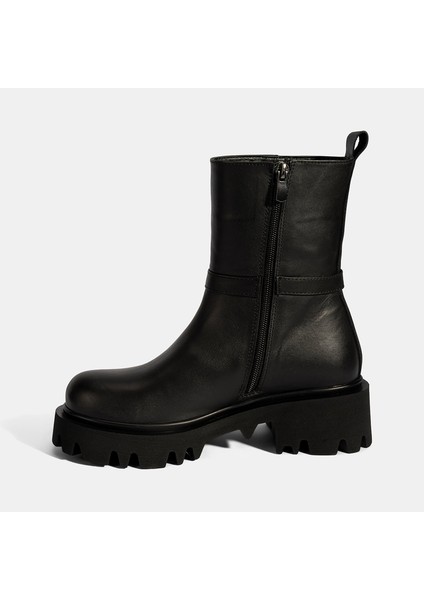 Kadın Siyah Metal Tokalı Kalın Tabanlı Deri Bot modelleri