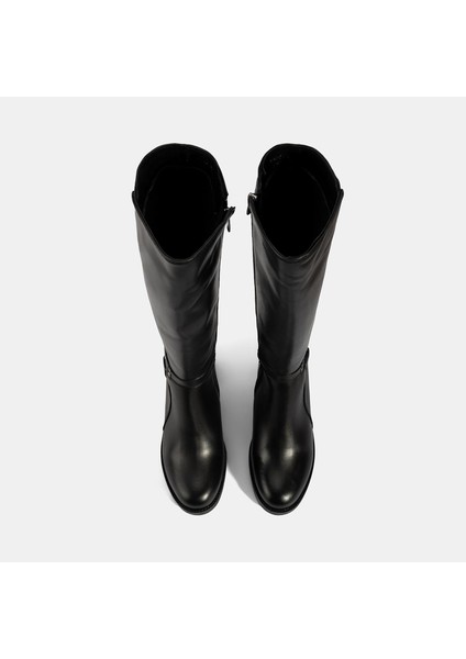 Kadın Siyah Kalın Topuklu Deri Çizme