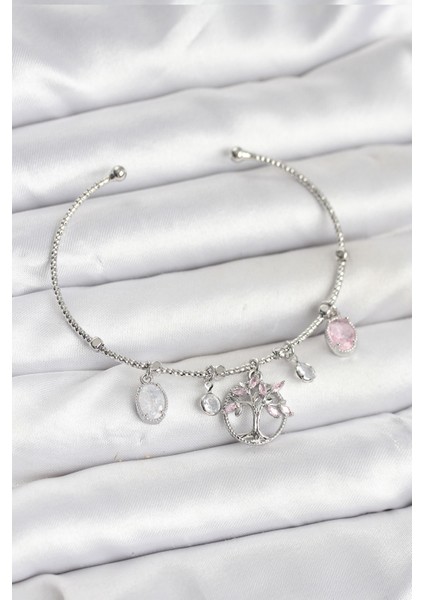 Hayat Ağacı Charmlı Gümüş Renk Pirinç Kadın Bileklik - TJ-BB8038
