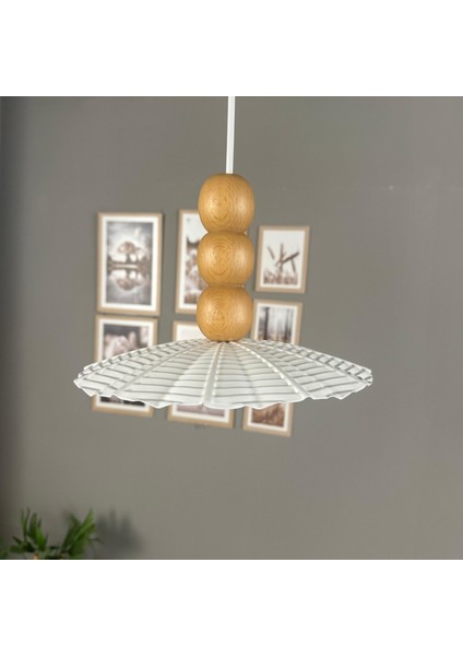 Moriva Beyaz Metal Avize Ahşap Üç Boncuk Başlık Tekli Rustik Cafe Modern Sarkıt Aydınlatma