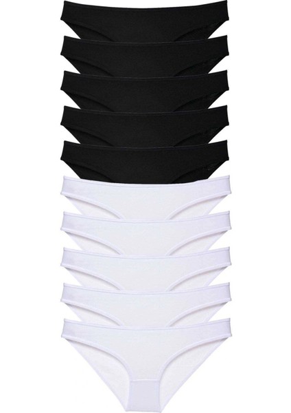 10 Adet Eko Set Likralı Kadın Slip Külot Siyah Beyaz