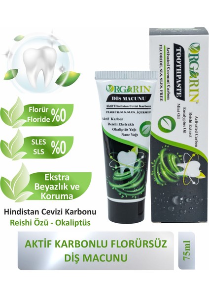 Aktif Karbonlu Beyazlatıcı Diş Macunu SLS İçermez 75 ml Nane ve Okaliptüs Aromalı