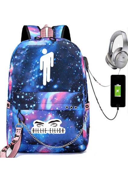 Yıldızlı Gökyüzü Tasarımlı Billie Eilish Sırt Çantası, USB Şarj Edilebilir Seyahat Sırt Çantası, Öğrenci Okul Çantası (Yurt Dışından)
