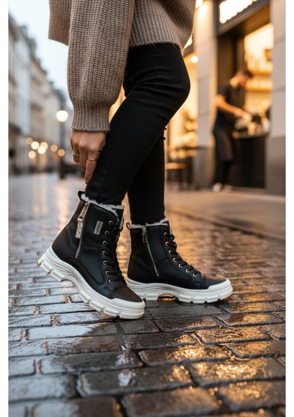 Conpax 5428 Siyah & Bej Kadın Fermuarlı & Bağcıklı Bot