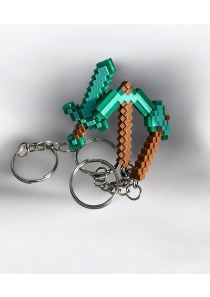 3'lü Minecraft Temalı 3D Baskı Piksel Anahtarlık Seti - Kılıç, Kazma ve Balta Modelleriyle Özel