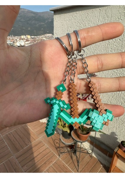 3'lü Minecraft Temalı 3D Baskı Piksel Anahtarlık Seti - Kılıç, Kazma ve Balta Modelleriyle Özel fiyatları