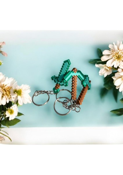 3'lü Minecraft Temalı 3D Baskı Piksel Anahtarlık Seti - Kılıç, Kazma ve Balta Modelleriyle Özel modelleri