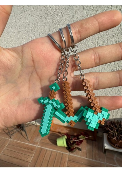 3'lü Minecraft Temalı 3D Baskı Piksel Anahtarlık Seti - Kılıç, Kazma ve Balta Modelleriyle Özel fırsatları