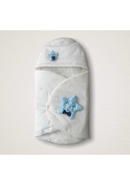 Yenidoğan Çift Yıldız Detaylı Şapkalı Duvaklı Erkek Bebek Klasik Kundak Bebek Battaniyesi Ekru