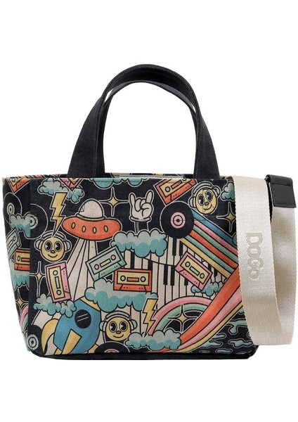 Kadın Vegan Siyah Medium Tote Bag - Stay Groovy Tasarım