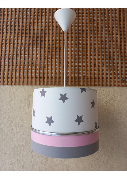 Beyaz Gri Pembe M-0350 Kumaş Kaplama Yıldızlı Çocuk Odası ve Bebek Odası Avize Aydınlatma Sarkıt