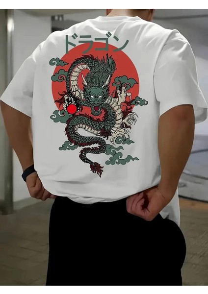 20/1 Penye Compack Ön Arka Ejder Baskılı Oversize Bisiklet Yaka T-Shirt - Beyaz -Vlmr