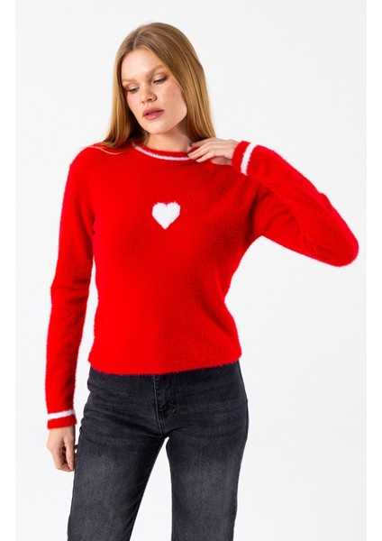 Kadın Bisiklet Yaka Kalp Detaylı Triko Kazak Kırmızı - 2358 modelleri