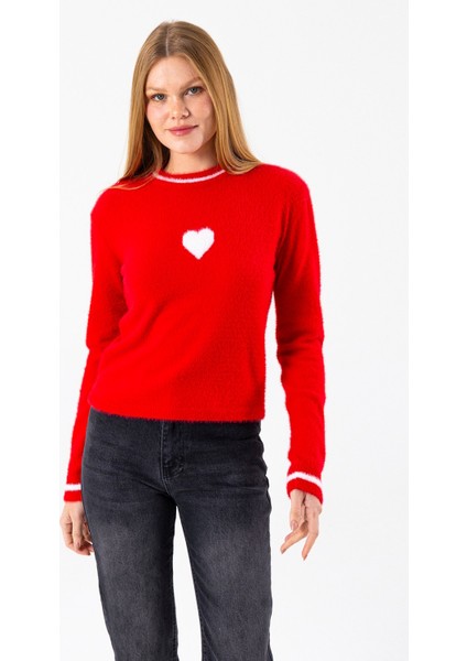 Kadın Bisiklet Yaka Kalp Detaylı Triko Kazak Kırmızı - 2358 fırsatları