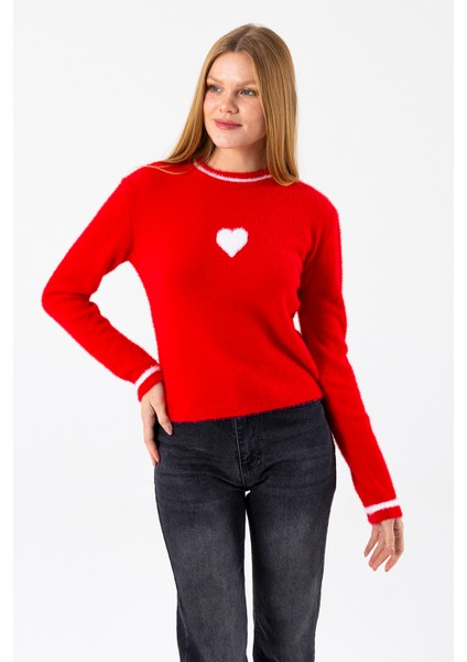 Kadın Bisiklet Yaka Kalp Detaylı Triko Kazak Kırmızı - 2358 indirimleri