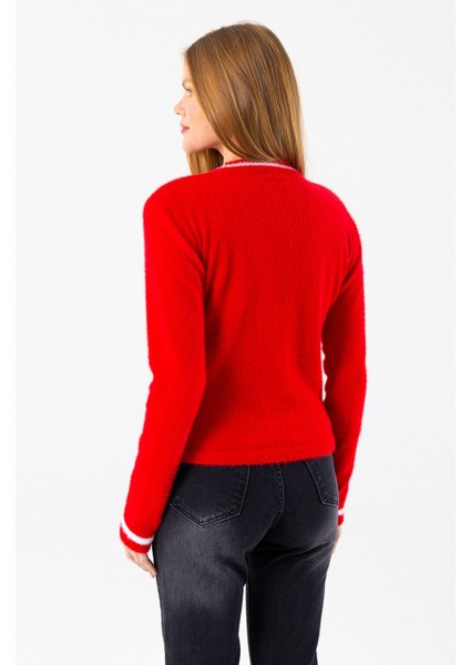 Kadın Bisiklet Yaka Kalp Detaylı Triko Kazak Kırmızı - 2358