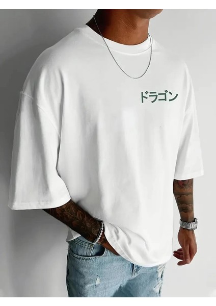 20/1 Penye Compack Ön Arka Ejder Baskılı Oversize Bisiklet Yaka T-Shirt - Beyaz -Vlmr modelleri