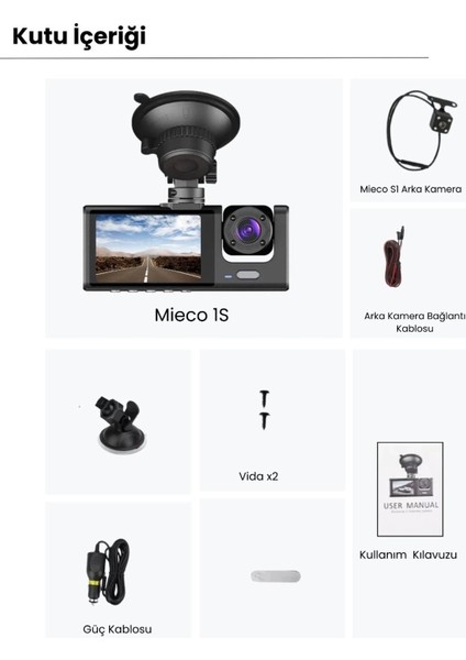 1s Wifi / App /1920P Fhd/ 170° Ultra Geniş Açı/gece Görüş/ G-Sensörü 3 Kameralı Araç KAMERASI(2025)