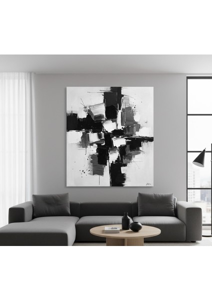 Siyah Beyaz Soyut Sanat Kanvas Tablo: Fırça Darbeli Modern Dekorasyon