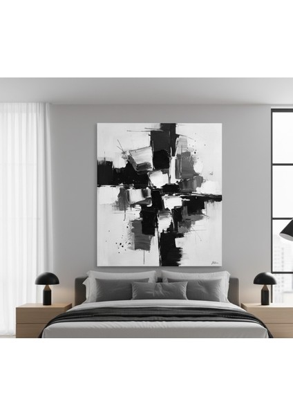Siyah Beyaz Soyut Sanat Kanvas Tablo: Fırça Darbeli Modern Dekorasyon fiyatları