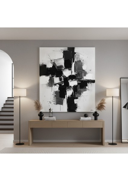 Siyah Beyaz Soyut Sanat Kanvas Tablo: Fırça Darbeli Modern Dekorasyon modelleri
