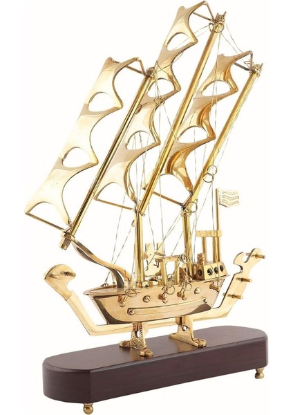 Pirinç Yelkenli Gemi Ahşap Kaideli Ev Ofis Dekorasyon 33CM