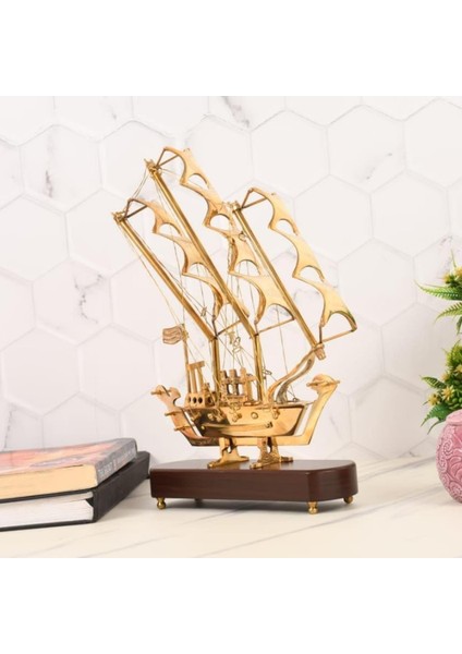 Pirinç Yelkenli Gemi Ahşap Kaideli Ev Ofis Dekorasyon 33CM fiyatları