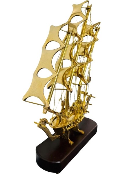 Pirinç Yelkenli Gemi Ahşap Kaideli Ev Ofis Dekorasyon 33CM modelleri