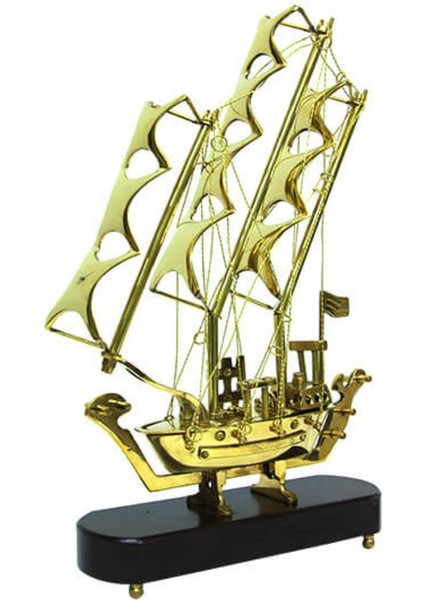 Pirinç Yelkenli Gemi Ahşap Kaideli Ev Ofis Dekorasyon 33CM fırsatları