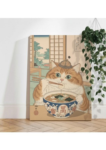 Neşeli Kedi ve Ramen Ziyafeti - Ev ve Restoran Için Şık ve Komik Kanvas, Japon Tarzı Tablo