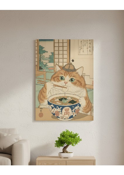 Neşeli Kedi ve Ramen Ziyafeti - Ev ve Restoran Için Şık ve Komik Kanvas, Japon Tarzı Tablo fiyatları