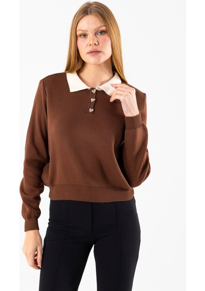 Kadın Polo Yaka Düğme Detaylı Triko Kazak Kahverengi - 25K 2546