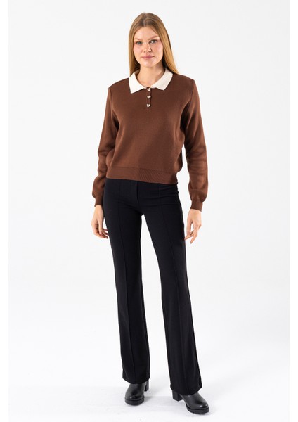 Kadın Polo Yaka Düğme Detaylı Triko Kazak Kahverengi - 25K 2546 fiyatları