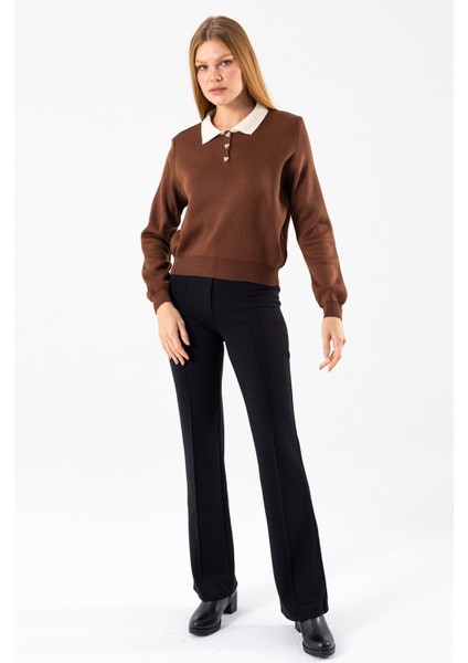 Kadın Polo Yaka Düğme Detaylı Triko Kazak Kahverengi - 25K 2546 modelleri