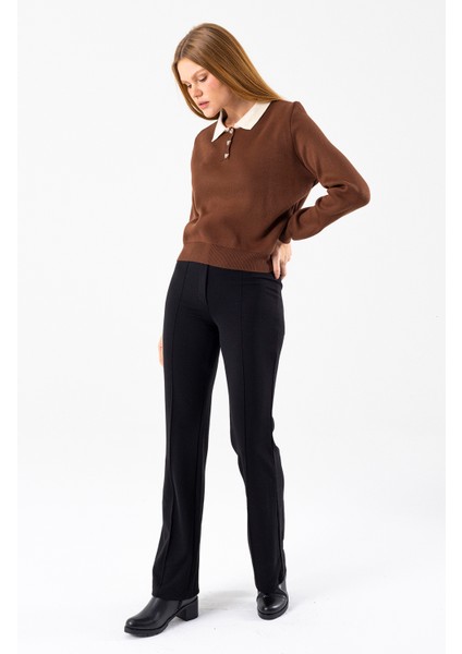 Kadın Polo Yaka Düğme Detaylı Triko Kazak Kahverengi - 25K 2546 fırsatları