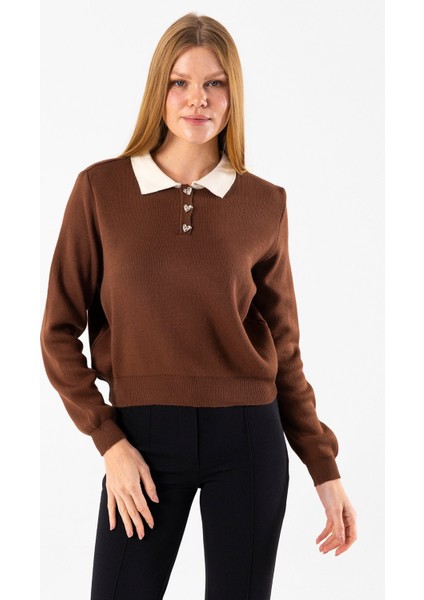 Kadın Polo Yaka Düğme Detaylı Triko Kazak Kahverengi - 25K 2546