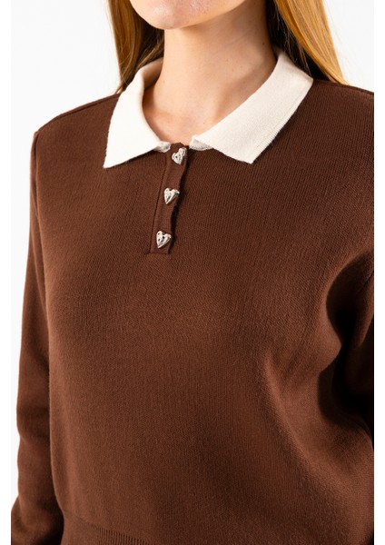 Kadın Polo Yaka Düğme Detaylı Triko Kazak Kahverengi - 25K 2546