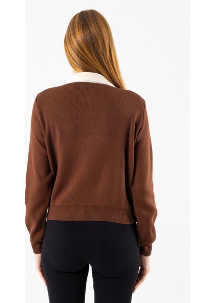 Kadın Polo Yaka Düğme Detaylı Triko Kazak Kahverengi - 25K 2546