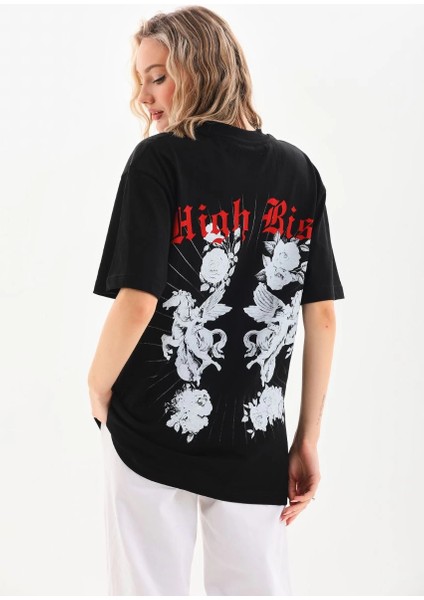 Unisex Baskılı Oversize T-Shirt - Siyah -Vlmr