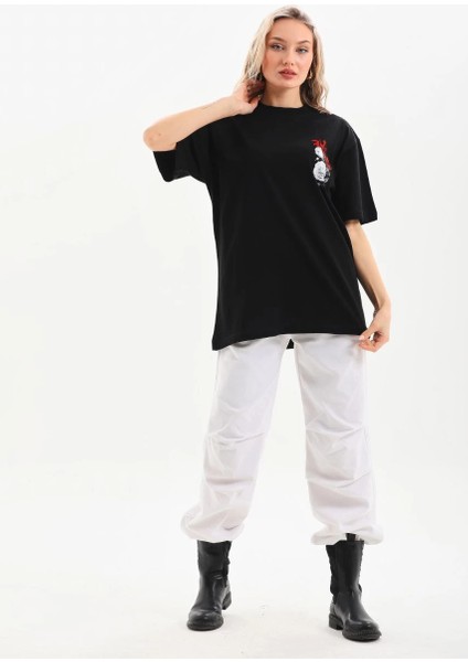 Unisex Baskılı Oversize T-Shirt - Siyah -Vlmr modelleri