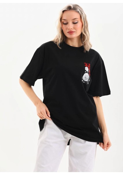 Unisex Baskılı Oversize T-Shirt - Siyah -Vlmr fırsatları