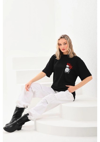 Unisex Baskılı Oversize T-Shirt - Siyah -Vlmr indirimleri