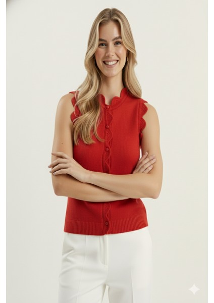 Kadın Dantel Örgü Düğmeli Triko Yelek | Kırmızı – Zarif & Şık Tasarım – Standart Beden