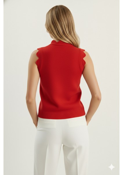 Kadın Dantel Örgü Düğmeli Triko Yelek | Kırmızı – Zarif & Şık Tasarım – Standart Beden fiyatları