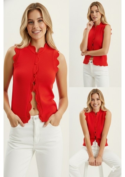 Kadın Dantel Örgü Düğmeli Triko Yelek | Kırmızı – Zarif & Şık Tasarım – Standart Beden modelleri