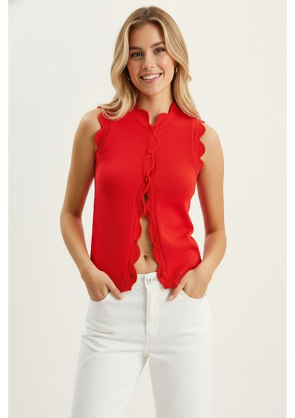 Kadın Dantel Örgü Düğmeli Triko Yelek | Kırmızı – Zarif & Şık Tasarım – Standart Beden fırsatları