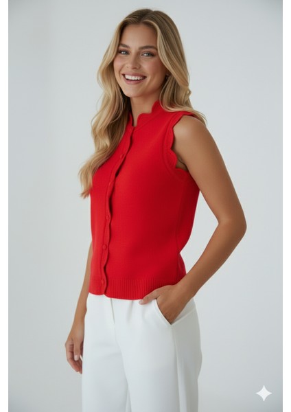 Kadın Dantel Örgü Düğmeli Triko Yelek | Kırmızı – Zarif & Şık Tasarım – Standart Beden indirimleri