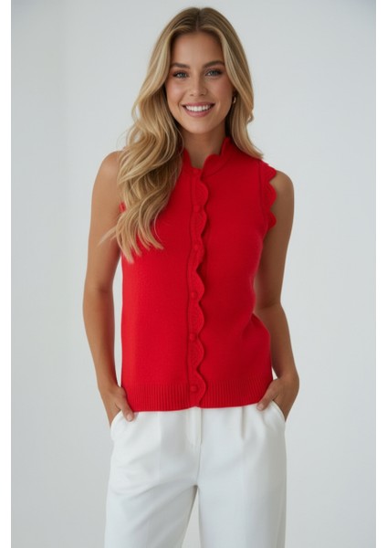 Kadın Dantel Örgü Düğmeli Triko Yelek | Kırmızı – Zarif & Şık Tasarım – Standart Beden